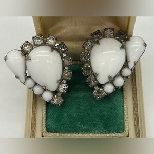 MCM Bright White High Quality Milk Glass Rhinestone Clip On Earrings